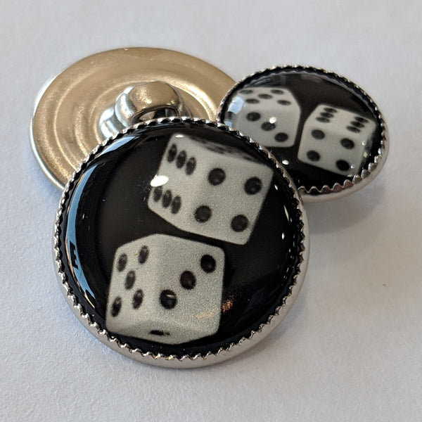 Dice / White with Black Dots / Black Background / Acrylic Dome
