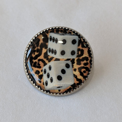 Dice / White with Black Dots / Leopard Print Background / Acrylic Dome