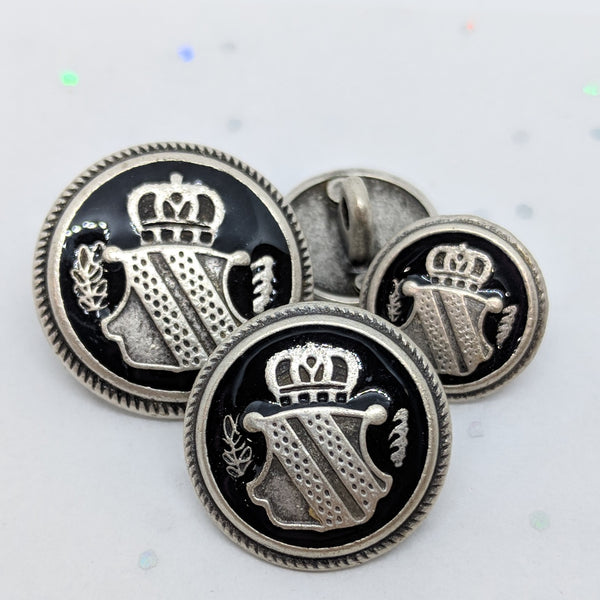 Blazer Buttons with Shield / Antique Silver / Black Epoxy