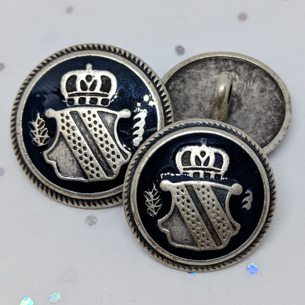 Blazer Buttons with Shield / Antique Silver / Navy Epoxy