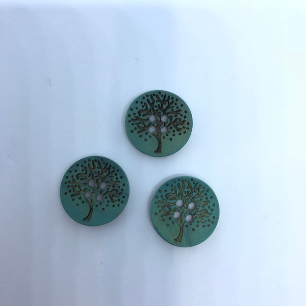 Green-blue Wooden Buttons with Tree / 4 Hole